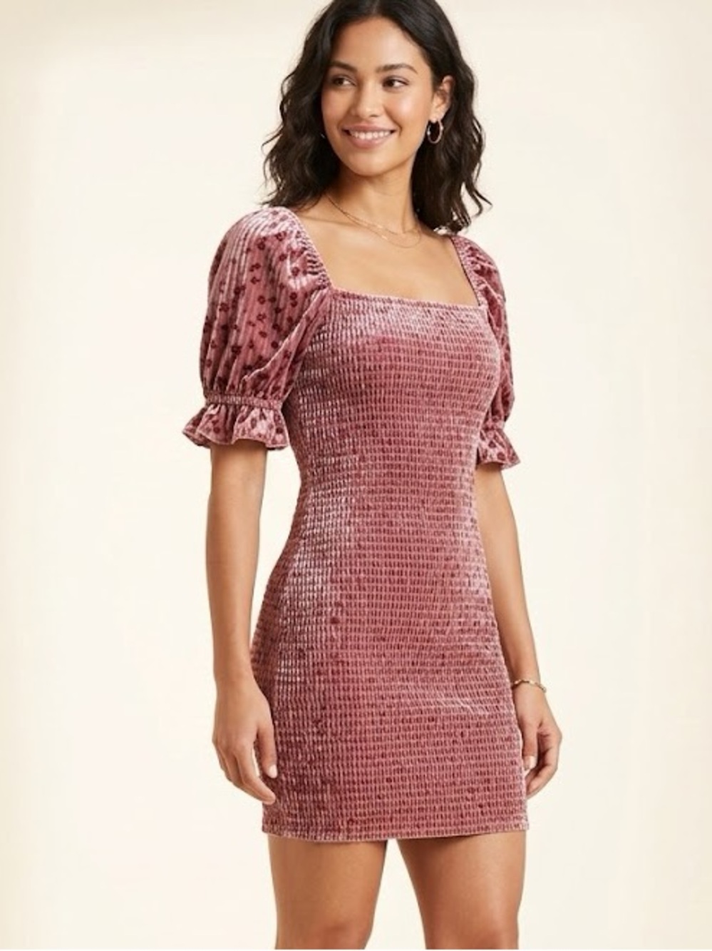 Lulu's Dusty Rose Velvet Square Neck Smocked Mini Dress